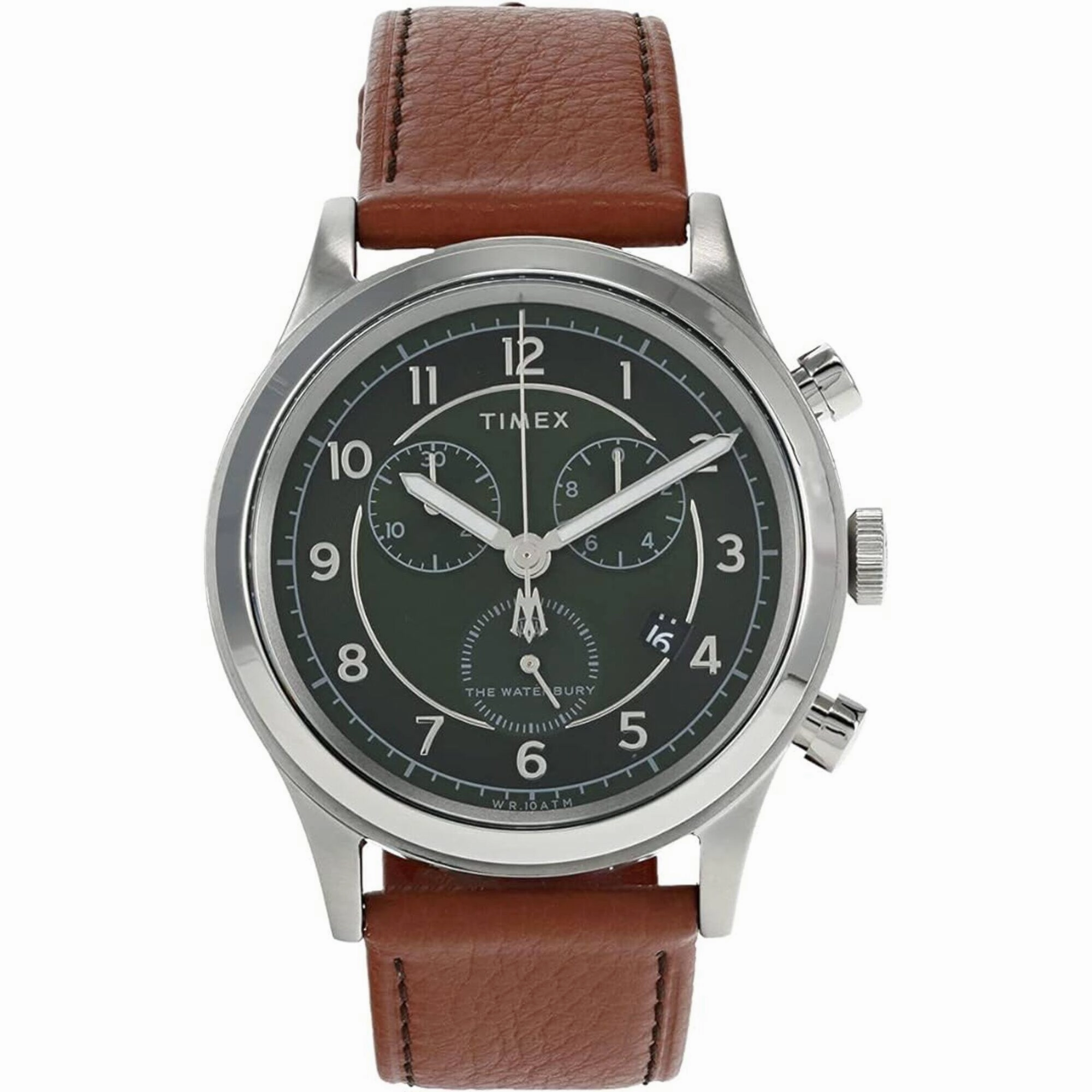 Timex Men's Watch - Waterbury Day-Date Dark Green Dial Brown Strap | TW2U90700VQ