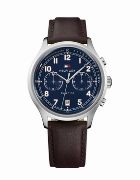 Tommy Hilfiger Mens Emerson Watch - Stainless Steel - Brown Leather Strap -Date