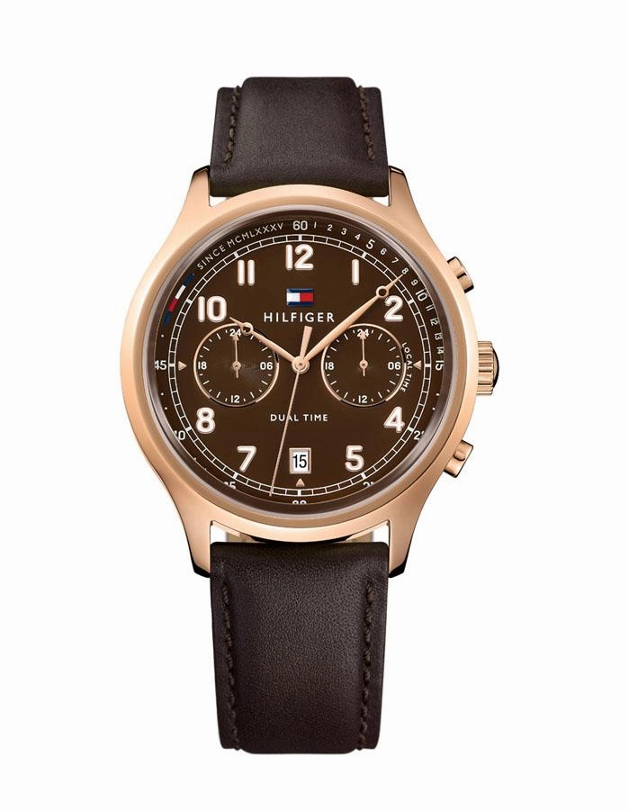Tommy Hilfiger Mens Emerson Water - Rose Gold-tone - Brown Leather Strap - Date