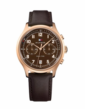 Tommy Hilfiger Mens Emerson Water - Rose Gold-tone - Brown Leather Strap - Date