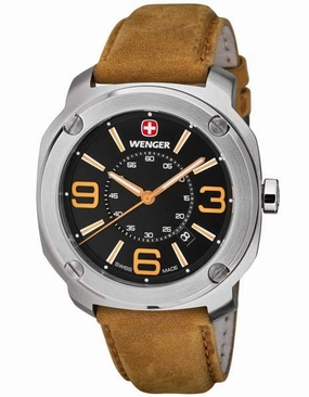 Wenger Mens Edge - Stainless Steel Case - Black Dial - Tan Suede Strap