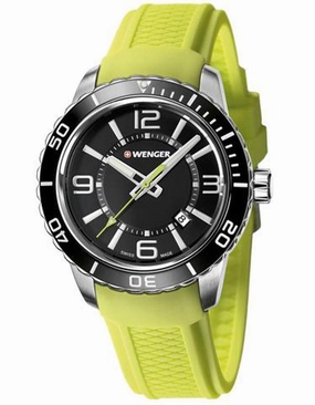 Wenger Mens Roadster - Acid Green Silicone Strap - Black Dial - Date - 100m