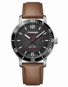 Wenger Mens Roadster Black Night Watch - Stainless Steel - Brown Leather Strap