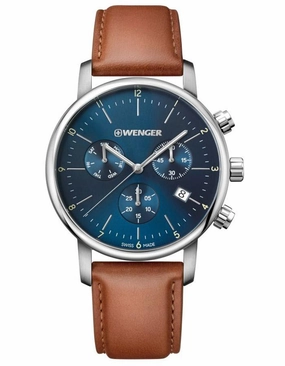 Wenger Mens Urban Classic Chronograph - Brown Strap - Blue Dial - 100m - Date