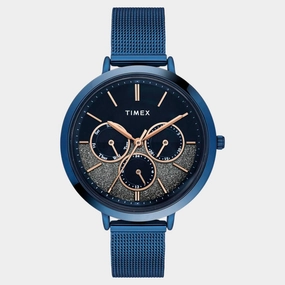 Women Quartz Blue Dial Multi-Function Stainless Steel Watch TWEL14508